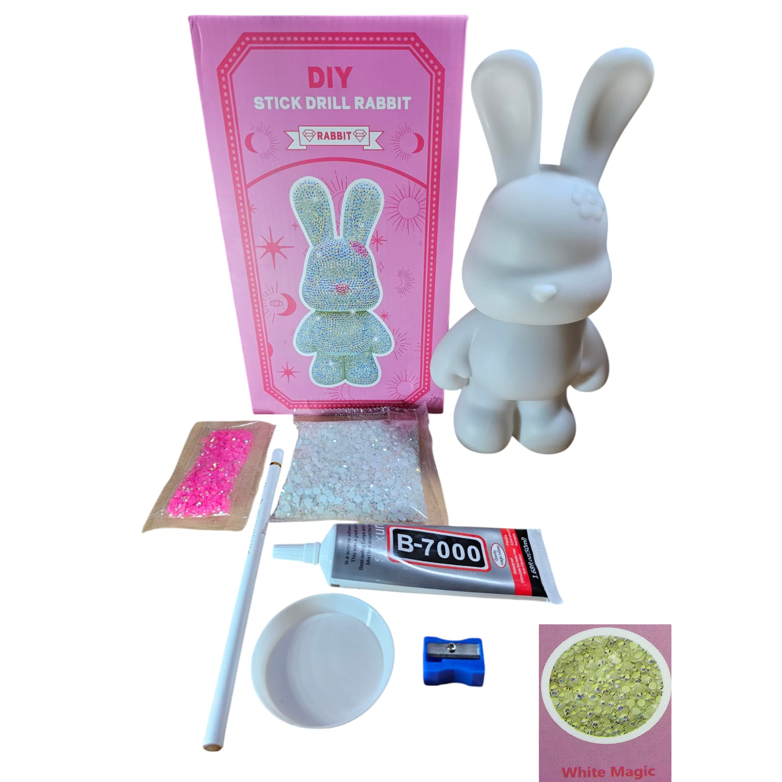 Kit DIY Alcancía Conejo con Piedras Diamantes Brillantes | Todo Incluido | Manualidad 3D 22.8 cm