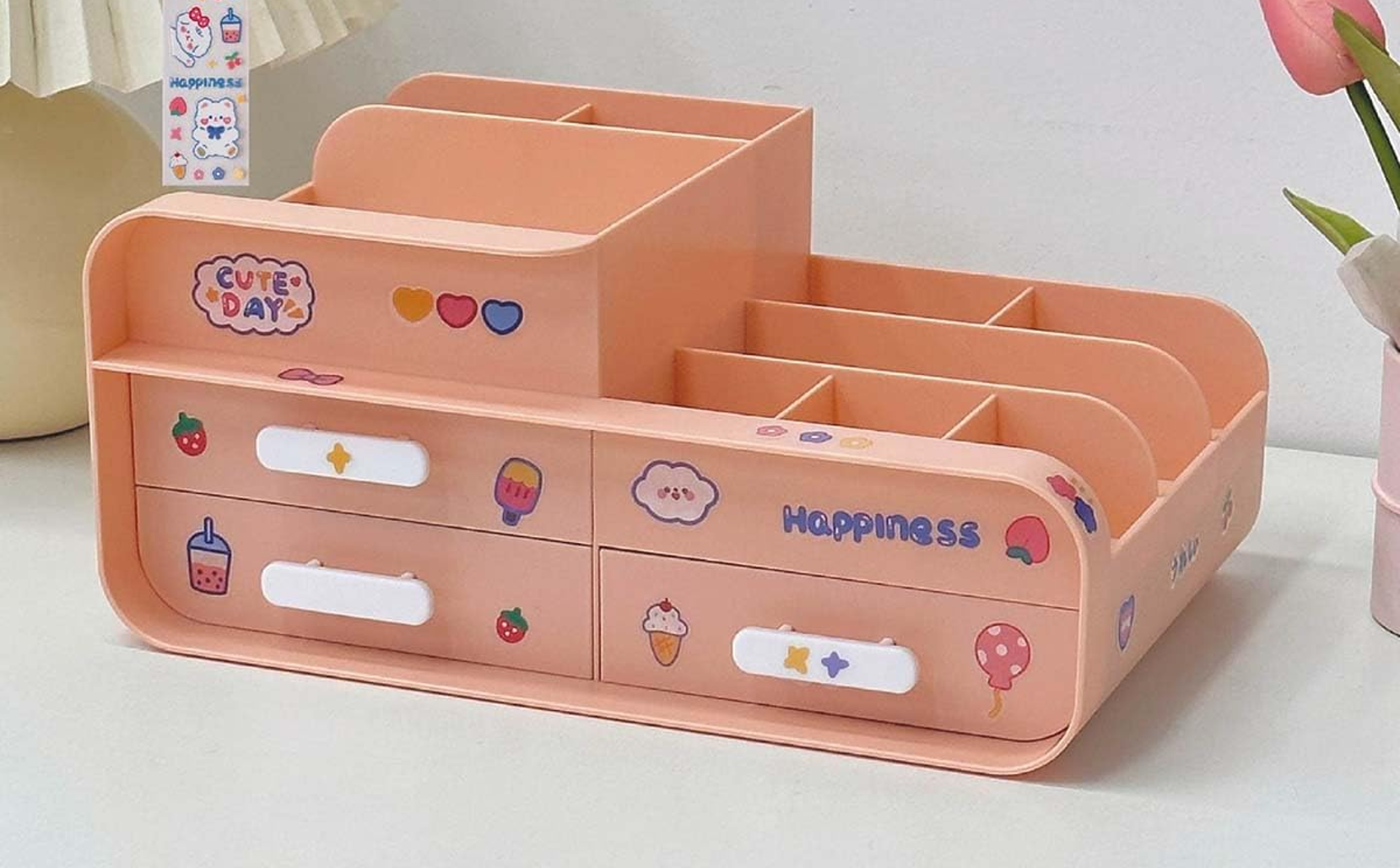 Organizador de Escritorio con Cajón | Resistentes Compartimentos Multiusos, Color Melón