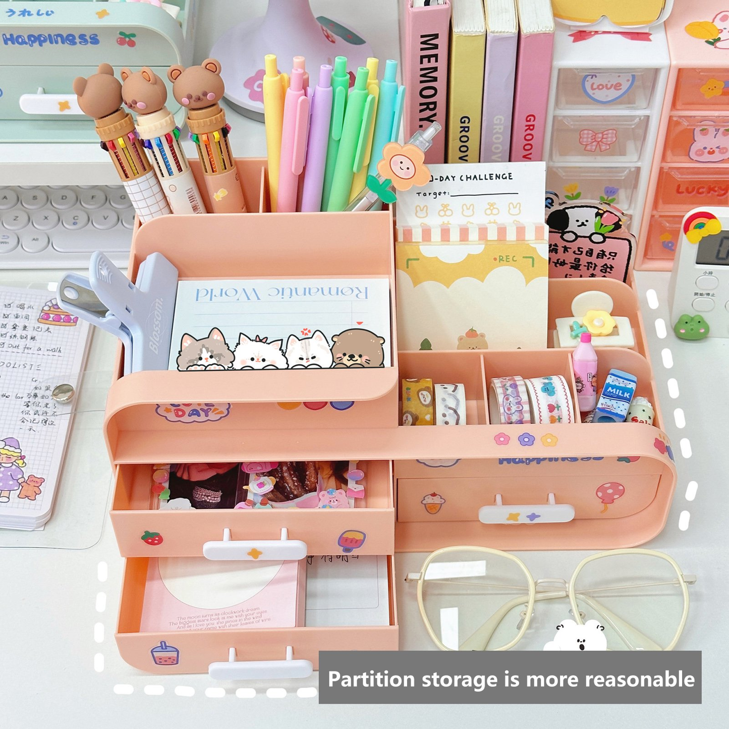 Organizador de Escritorio con Cajón | Resistentes Compartimentos Multiusos, Color Melón