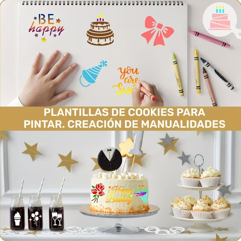 Stencil Circular Fiesta/Cumpleaños | 7 cm + Brazo 3 cm | Diseños Variados