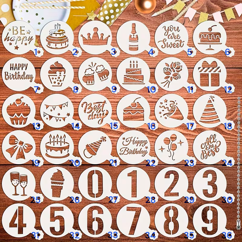 Stencil Circular Fiesta/Cumpleaños | 7 cm + Brazo 3 cm | Diseños Variados