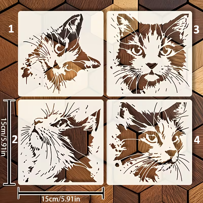 Stencil de Gatitos Realistas 15x15 cm | Detalles de Pelaje y Bigotes | 4 Diseños