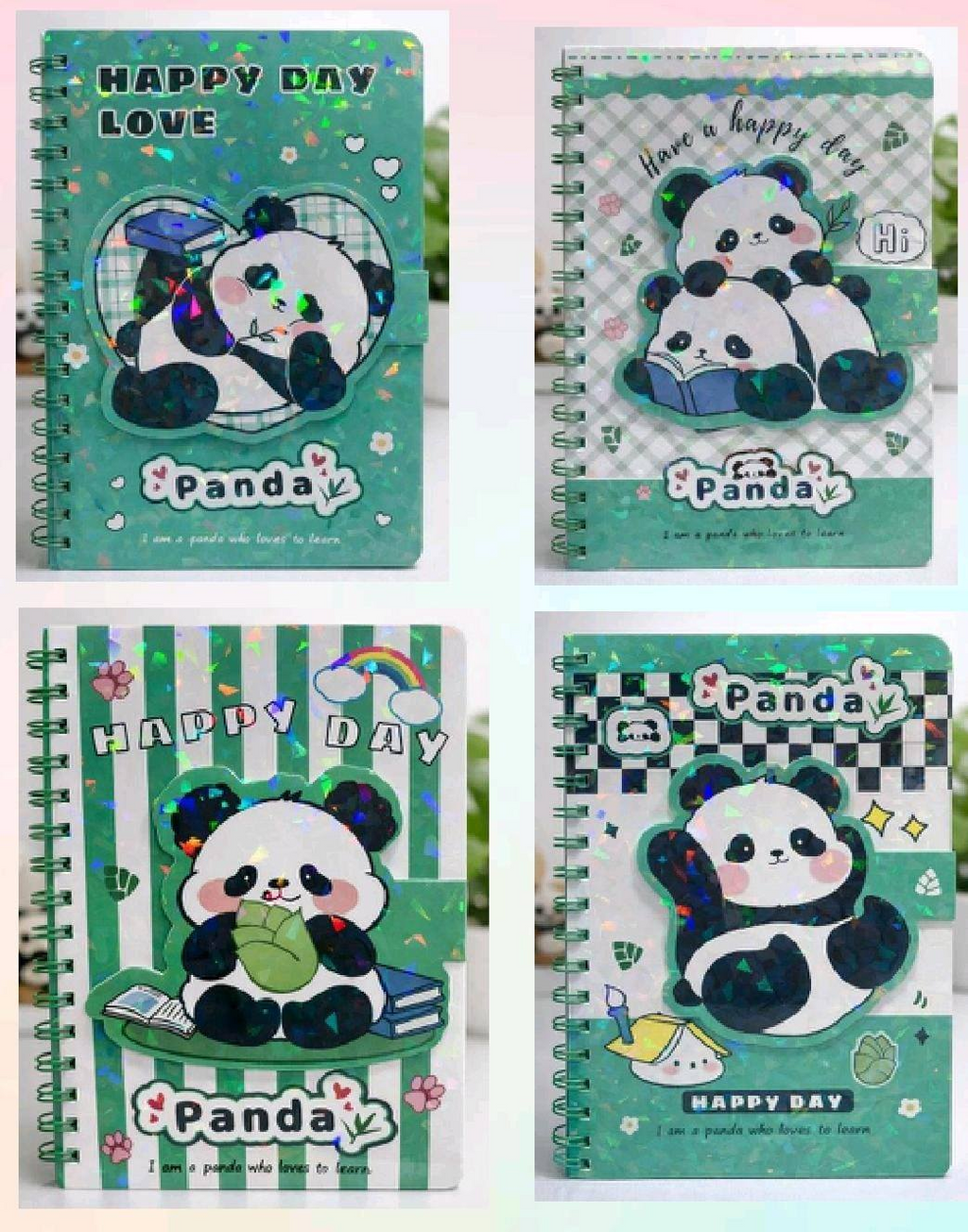 Agenda con Cierre Panda | 4 Diseños, 70 Hojas Decoradas, 20x13.5 cm, Anillada