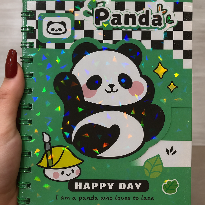 Agenda con Cierre Panda | 4 Diseños, 70 Hojas Decoradas, 20x13.5 cm, Anillada