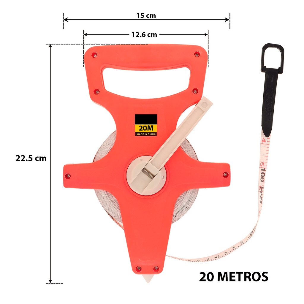 Cinta Métrica Retráctil 20m | Nailon Impermeable, Doble Escala (Métrica/Imperial), para exteriores