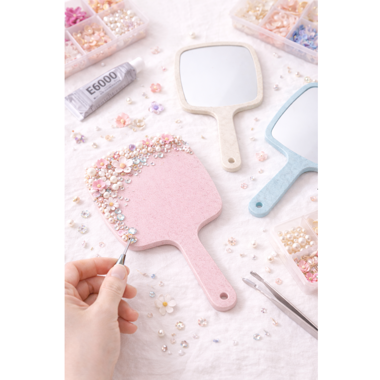 Espejo Personalizable de Mano Pastel con Efecto Codorniz | 12.5x12.5 cm + Mango | Para Decorar