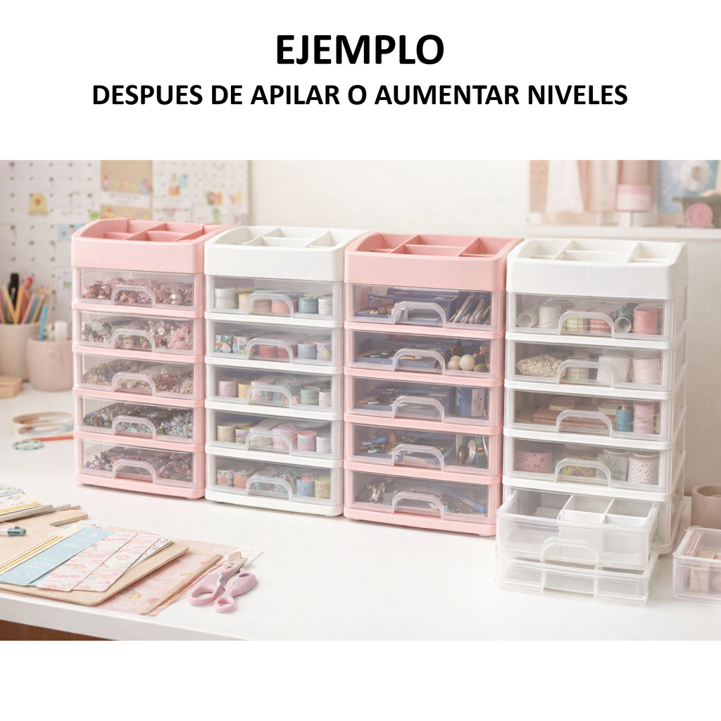 Organizador Modular 3 Niveles para Taller | 27x23x16.5 cm | Cajones Transparentes | Apilable (Rosa/Blanco)