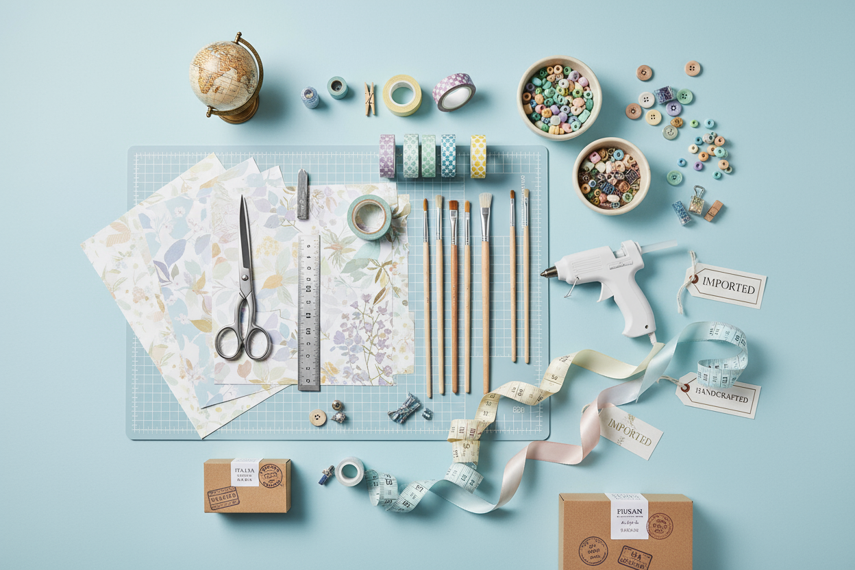 mi empresa se dedica a la importacion y venta de productos en tendencia, necesito una imagen con fondo de color celeste pastel bajito que represente venta, importacion e insumos de manualidades como herramientas y otros. sorprendeme