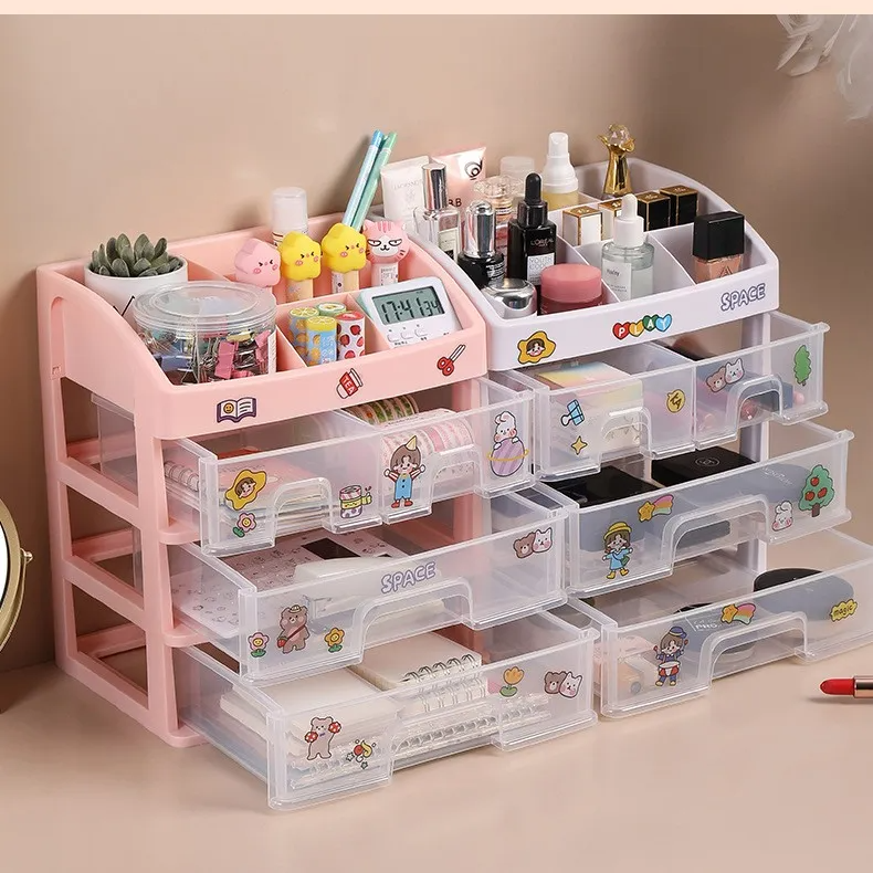 Organizador Modular 3 Niveles para Taller | 27x23x16.5 cm | Cajones Transparentes | Apilable (Rosa/Blanco)