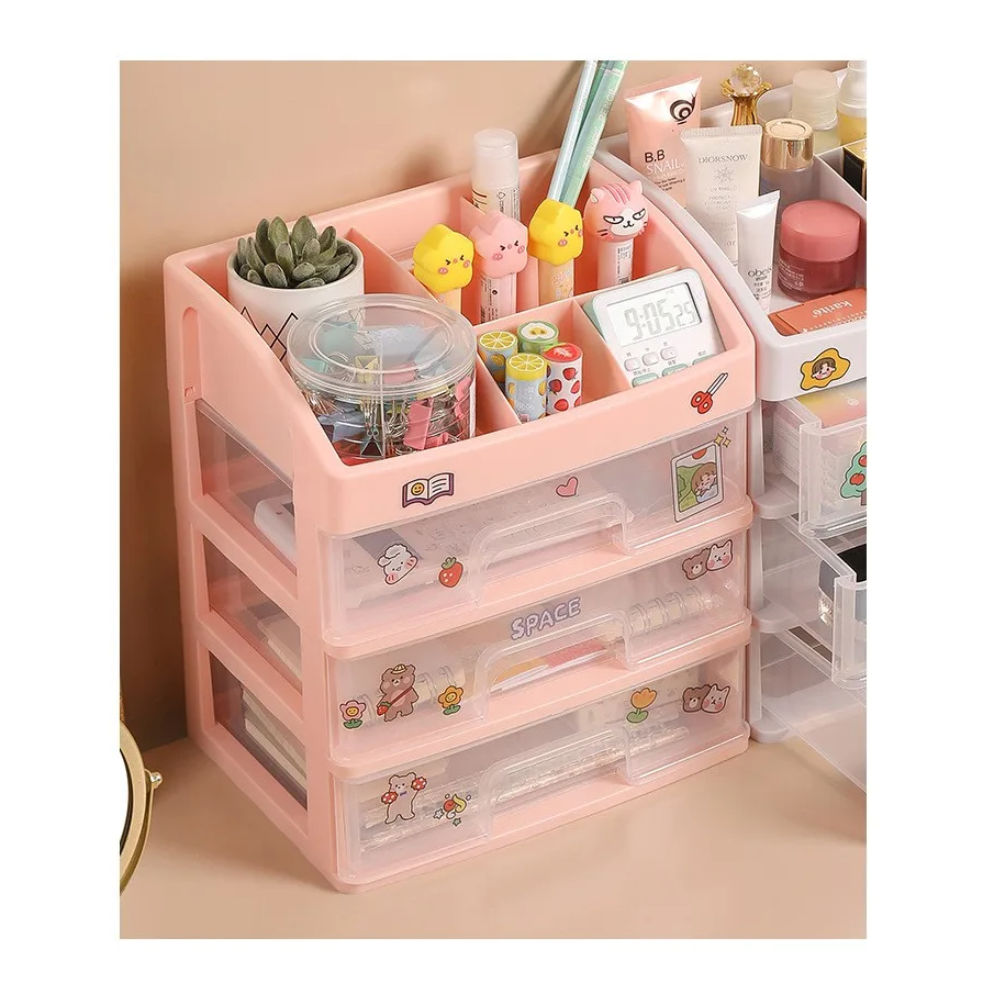 Organizador Modular 3 Niveles para Taller | 27x23x16.5 cm | Cajones Transparentes | Apilable (Rosa/Blanco)