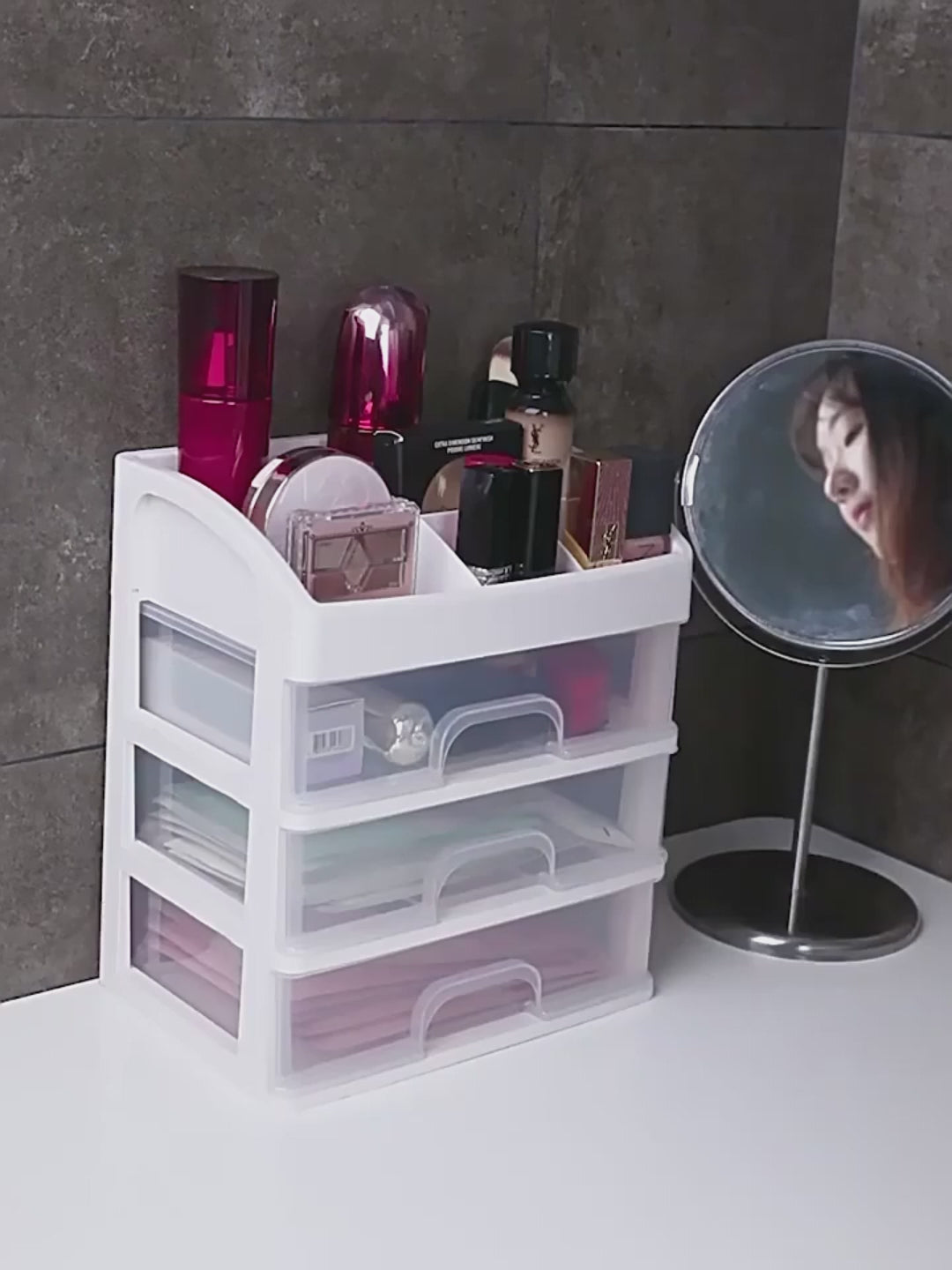 Organizador Modular 3 Niveles para Taller | 27x23x16.5 cm | Cajones Transparentes | Apilable (Rosa/Blanco)