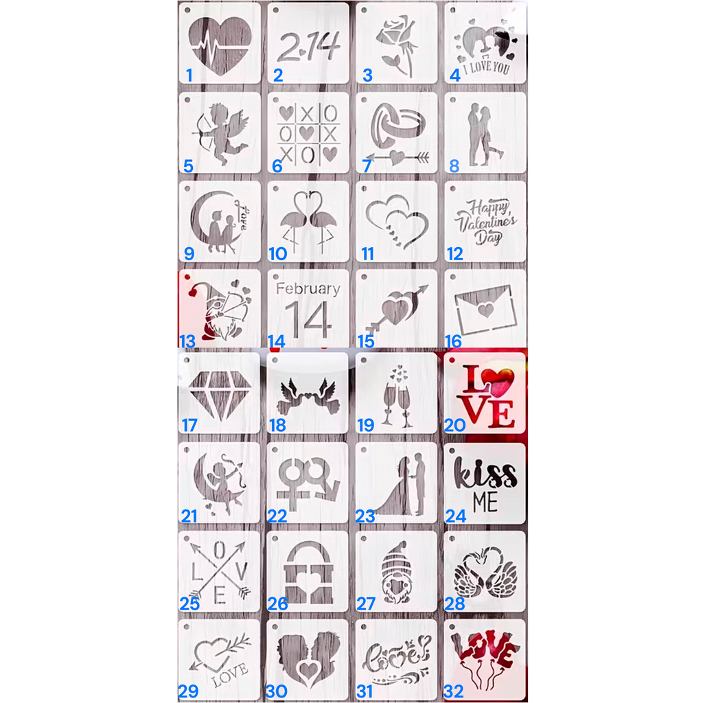 Stencil Parte 1 San Valentín 7.5x7.5 cm | 32 Diseños para Elegir | Reutilizables