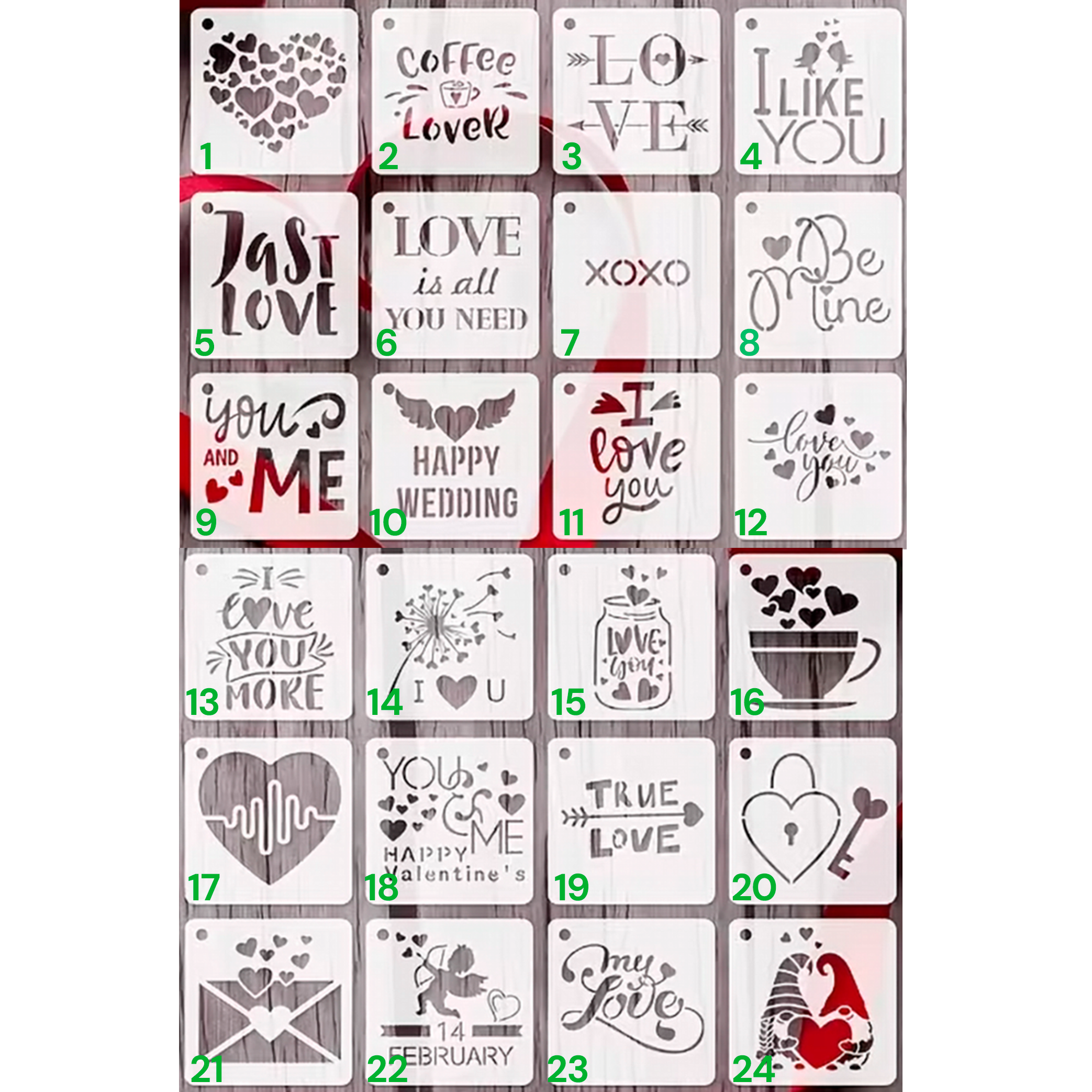 Stencil Parte 2 San Valentín 7.5x7.5 cm | 24 Diseños para Elegir | Reutilizables